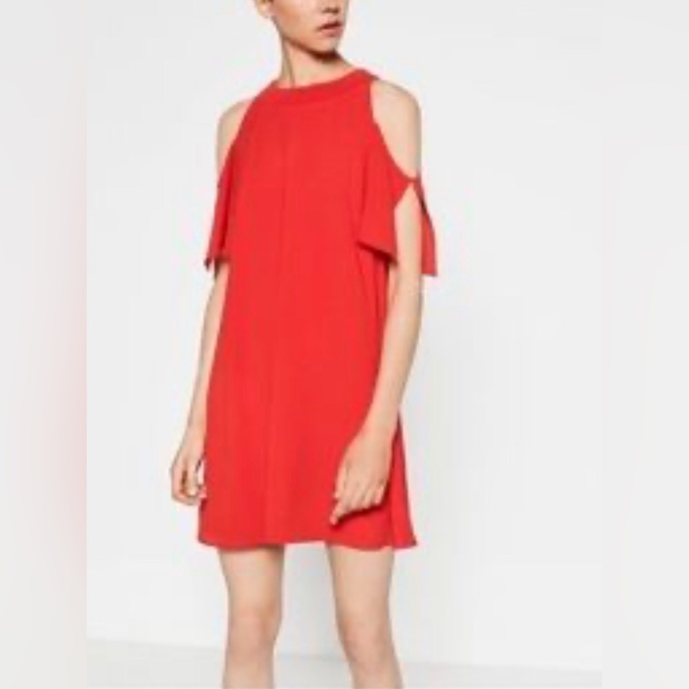 Zara Red Cold Shoulders Bow Tie Sleeve Dress